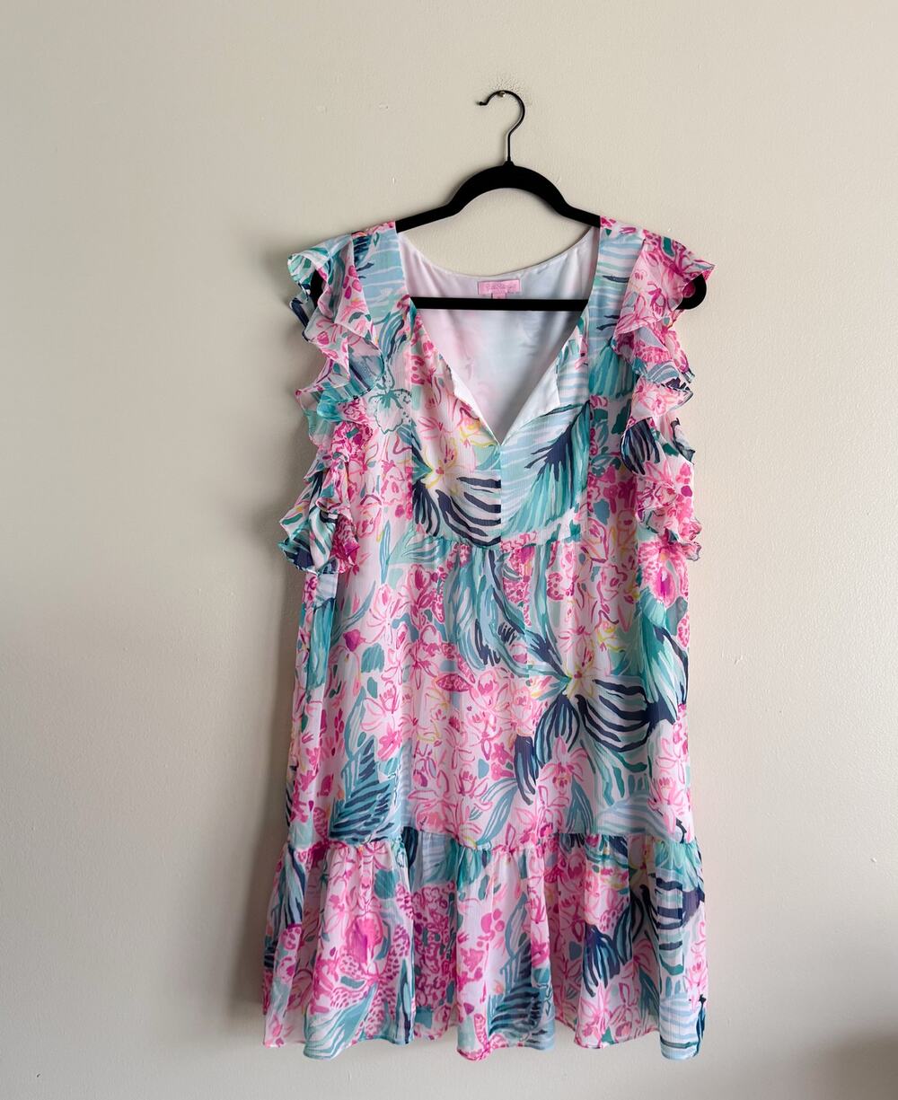 Lilly Pulitzer Pink Multi Via Flora Nora Ruffle V Neck Mini Dress XL Spring
